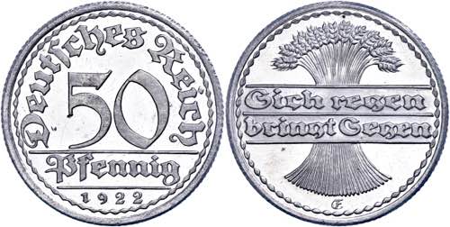 Münzen Weimar 50 Pfennig, 1922, ... 