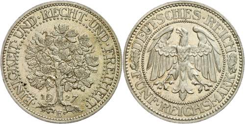 Münzen Weimar 5 Reichmark, 1927, ... 
