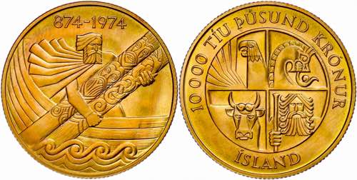 Island 10000 Kronur, Gold, 1974, ... 