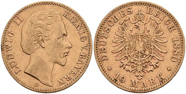 Bayern 10 Mark, 1880, Ludwig II., ... 