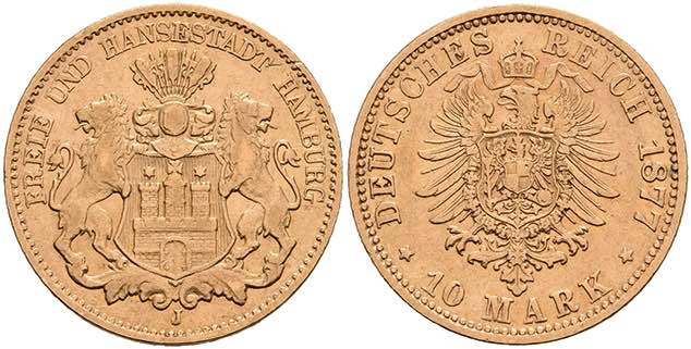 Hamburg 10 Mark, 1877, ss. J. 209  ... 