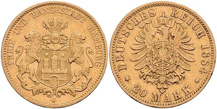 Hamburg 20 Mark, 1884, kl. Rf., ... 