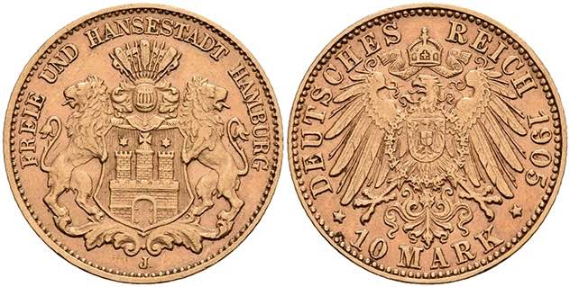 Hamburg 10 Mark, 1905, ss+. J. 211 ... 