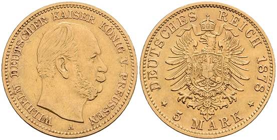 Preußen Goldmünzen 5 Mark, 1878, ... 