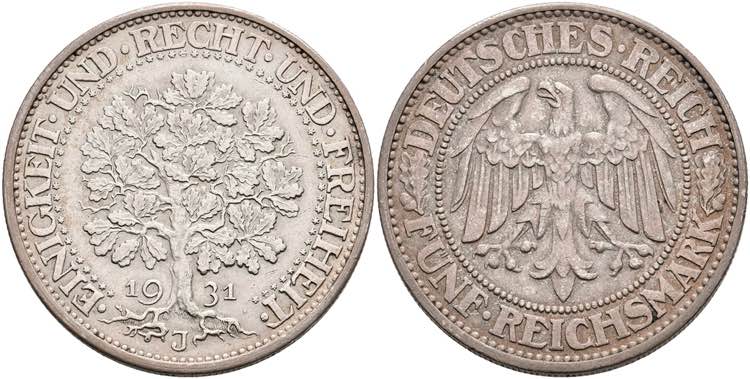 Münzen Weimar 5 Reichsmark, 1931, ... 
