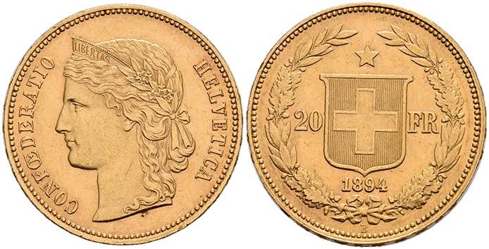Schweiz 20 Franken, Gold, 1894, ... 