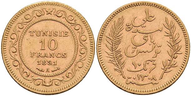 Tunesien 10 Francs, Gold, 1891, ... 