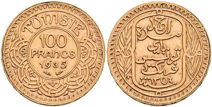 Tunesien 100 Francs, Gold, 1935, ... 