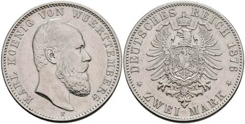 Württemberg 2 Mark, 1876, Karl, ... 