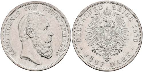 Württemberg 5 Mark, 1876, Karl, ... 