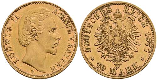 Bayern 10 Mark, 1877, Ludwig II., ... 