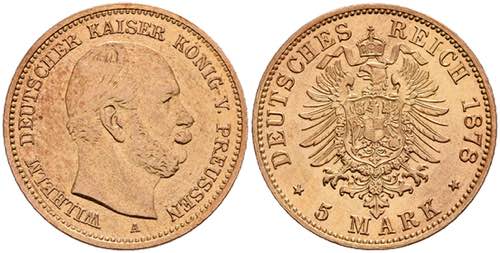 Preußen Goldmünzen 5 Mark, 1877, ... 
