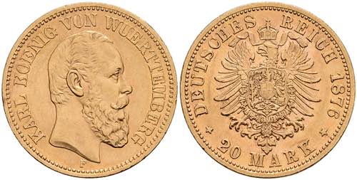 Württemberg 20 Mark, 1876, Karl, ... 