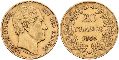 Belgien 20 Francs, Gold, 1865, ... 