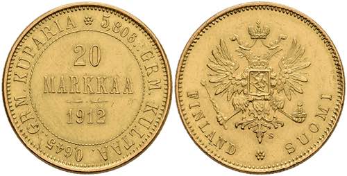 Finland 20 Markkaa, Gold, 1912, ... 
