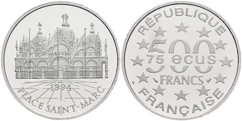 Frankreich 500 Francs, Platin, ... 