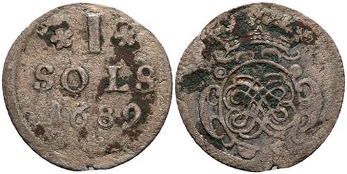 Coins 1 Sol, 1689, embossed under ... 