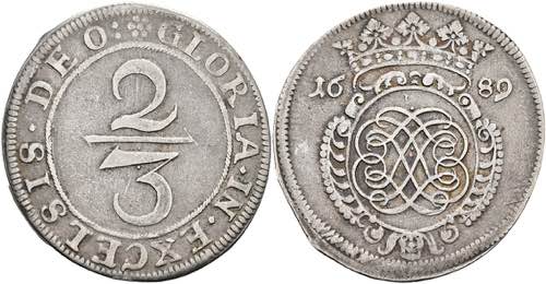 Coins 2 / 3 thaler, 1689, embossed ... 