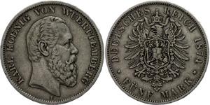Württemberg 5 Mark, 1874, Karl, ... 