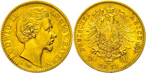 Bavaria 20 Mark, 1873, Ludwig II., ... 