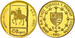 Andorra 25 Dinars, gold, 1993, ... 