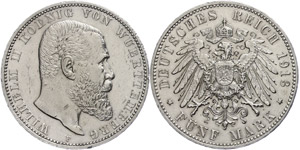 Württemberg 5 Mark,1913, Wilhelm ... 