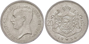 Belgien 20 Francs, 1934, Albert ... 