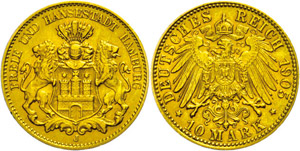 Hamburg 10 Mark, 1905, extremley ... 