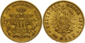 Hamburg 20 Mark, 1884, coat of ... 