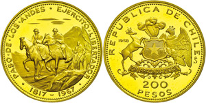 Chile 200 Pesos, Gold, 1968, 150 ... 