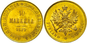 Finland 10 Markkaa, Gold, 1879, ... 
