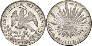 Coins Mexiko 2 Real, 1861, CH, KM ... 