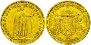 Hungary 20 coronas, Gold, 1893, ... 