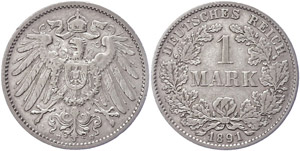 Kleinmünzen 1871-1922 1 Mark, 1891 D, kl. ... 