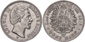Bayern 5 Mark, 1875, Ludwig II., kl. ... 