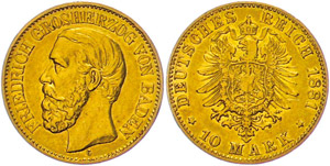 Baden 10 Mark, 1881, Friedrich, kl. Rf., ... 