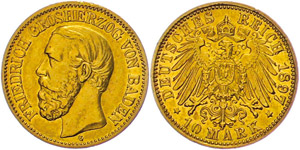 Baden 10 Mark, 1897, Friedrich, Randfehler, ... 