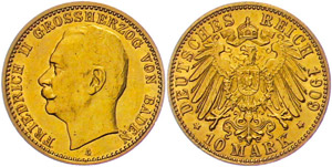 Baden 10 Mark, 1909, Friedrich II., kl. Rf., ... 