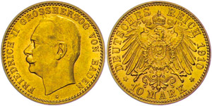 Baden 10 Mark, 1909, Friedrich II., vz., ... 
