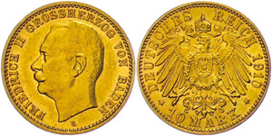 Baden 10 Mark, 1910, Friedrich II., vz., ... 