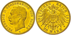 Baden 20 Mark, 1911, Friedrich II., Kratzer, ... 