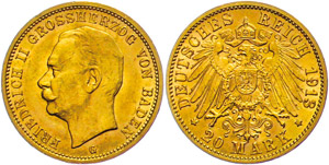 Baden 20 Mark, 1913, Friedrich II., wz. Rf., ... 
