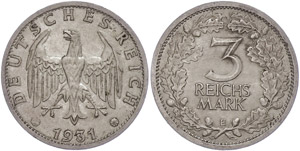 Münzen Weimar 3 Reichsmark 1931, E, vz., ... 