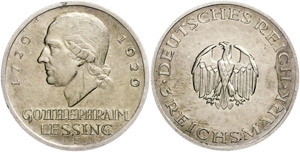 Münzen Weimar 3 Reichsmark,1929, Lessing, ... 