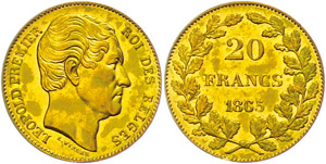 Belgien 20 Francs, 1865, Gold, Leopold I., ... 