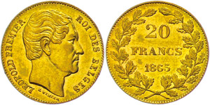 Belgien 20 Francs, 1865, Gold, Leopold I., ... 