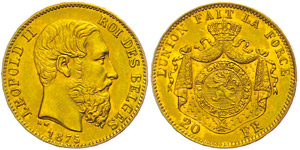 Belgien 20 Francs, 1875, Gold, Leopold II., ... 
