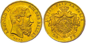 Belgien 20 Francs, 1876, Gold, Leopold II., ... 
