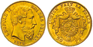 Belgien 20 Francs, 1878, Gold, Leopold II., ... 