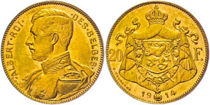 Belgien 20 Francs, 1914, Gold, Albert, Fb. ... 